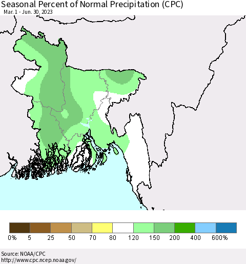 Bangladesh Seasonal Percent of Normal Precipitation (CPC) Thematic Map For 3/1/2023 - 6/30/2023