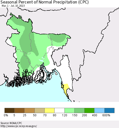 Bangladesh Seasonal Percent of Normal Precipitation (CPC) Thematic Map For 3/1/2023 - 7/10/2023