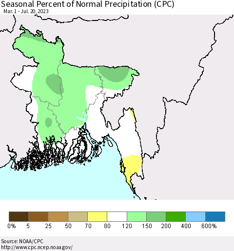 Bangladesh Seasonal Percent of Normal Precipitation (CPC) Thematic Map For 3/1/2023 - 7/20/2023