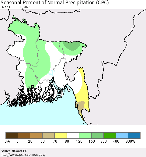 Bangladesh Seasonal Percent of Normal Precipitation (CPC) Thematic Map For 3/1/2023 - 7/31/2023