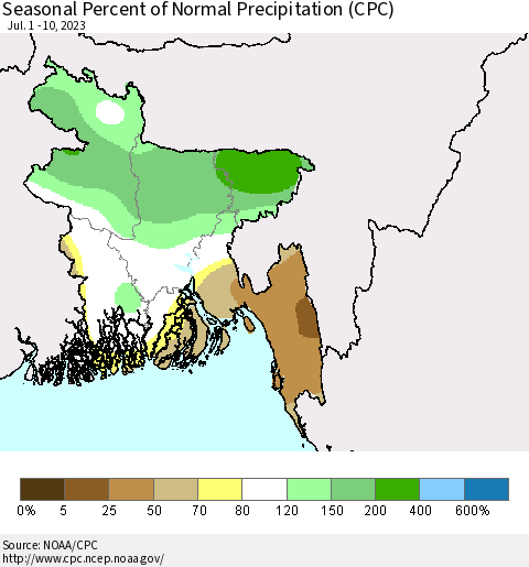 Bangladesh Seasonal Percent of Normal Precipitation (CPC) Thematic Map For 7/1/2023 - 7/10/2023