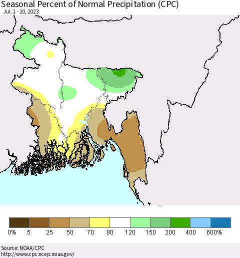 Bangladesh Seasonal Percent of Normal Precipitation (CPC) Thematic Map For 7/1/2023 - 7/20/2023
