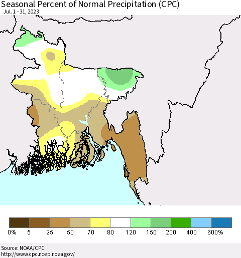 Bangladesh Seasonal Percent of Normal Precipitation (CPC) Thematic Map For 7/1/2023 - 7/31/2023