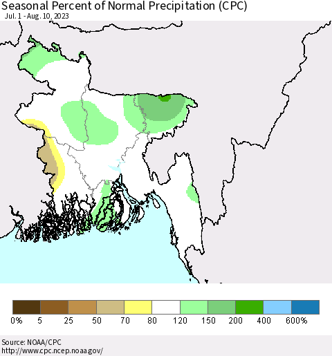 Bangladesh Seasonal Percent of Normal Precipitation (CPC) Thematic Map For 7/1/2023 - 8/10/2023