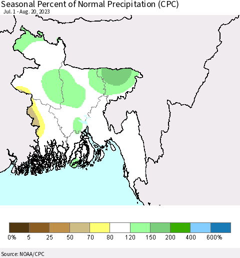 Bangladesh Seasonal Percent of Normal Precipitation (CPC) Thematic Map For 7/1/2023 - 8/20/2023