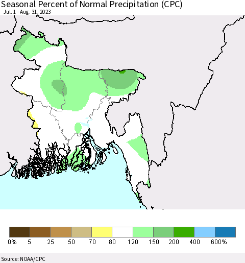 Bangladesh Seasonal Percent of Normal Precipitation (CPC) Thematic Map For 7/1/2023 - 8/31/2023