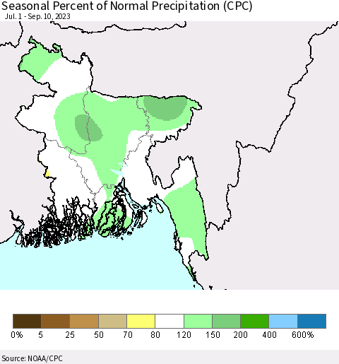 Bangladesh Seasonal Percent of Normal Precipitation (CPC) Thematic Map For 7/1/2023 - 9/10/2023
