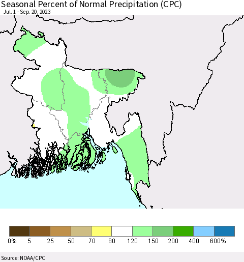 Bangladesh Seasonal Percent of Normal Precipitation (CPC) Thematic Map For 7/1/2023 - 9/20/2023