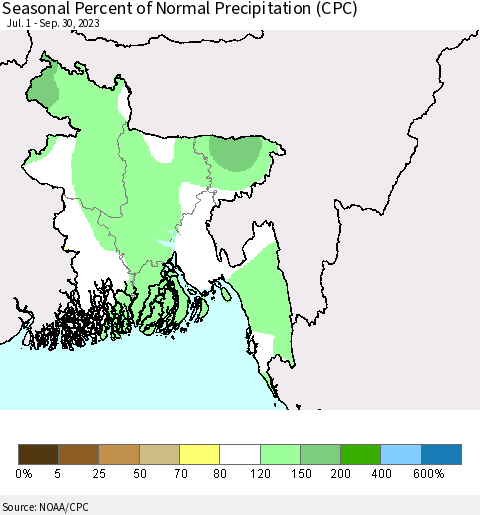 Bangladesh Seasonal Percent of Normal Precipitation (CPC) Thematic Map For 7/1/2023 - 9/30/2023