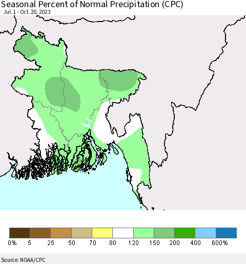 Bangladesh Seasonal Percent of Normal Precipitation (CPC) Thematic Map For 7/1/2023 - 10/20/2023