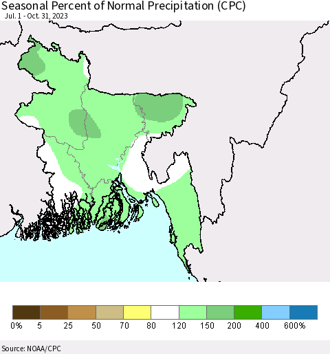 Bangladesh Seasonal Percent of Normal Precipitation (CPC) Thematic Map For 7/1/2023 - 10/31/2023