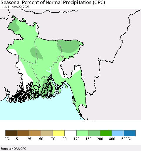 Bangladesh Seasonal Percent of Normal Precipitation (CPC) Thematic Map For 7/1/2023 - 11/20/2023