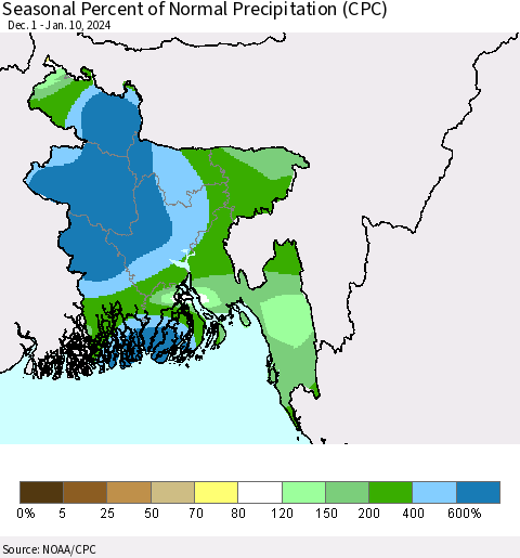 Bangladesh Seasonal Percent of Normal Precipitation (CPC) Thematic Map For 12/1/2023 - 1/10/2024