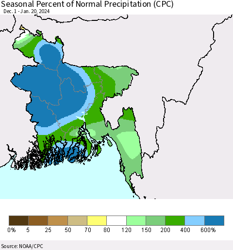 Bangladesh Seasonal Percent of Normal Precipitation (CPC) Thematic Map For 12/1/2023 - 1/20/2024