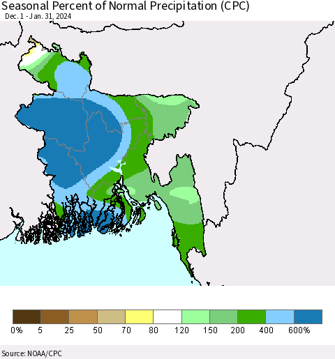 Bangladesh Seasonal Percent of Normal Precipitation (CPC) Thematic Map For 12/1/2023 - 1/31/2024