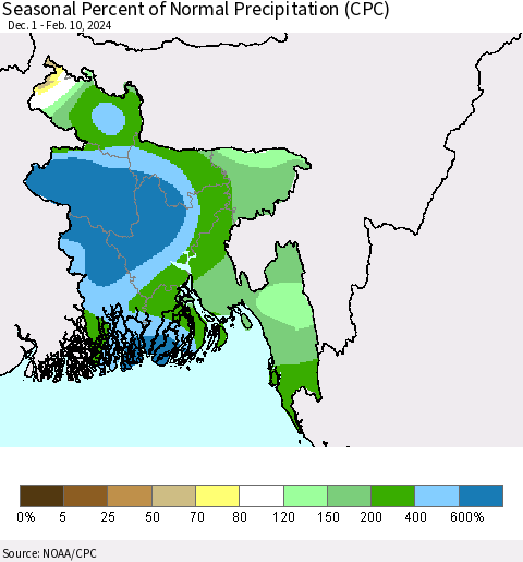 Bangladesh Seasonal Percent of Normal Precipitation (CPC) Thematic Map For 12/1/2023 - 2/10/2024