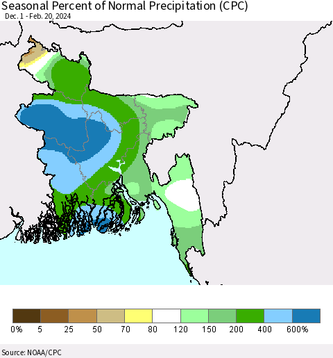 Bangladesh Seasonal Percent of Normal Precipitation (CPC) Thematic Map For 12/1/2023 - 2/20/2024
