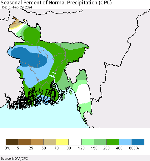 Bangladesh Seasonal Percent of Normal Precipitation (CPC) Thematic Map For 12/1/2023 - 2/29/2024