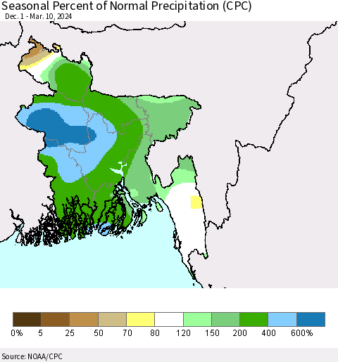 Bangladesh Seasonal Percent of Normal Precipitation (CPC) Thematic Map For 12/1/2023 - 3/10/2024