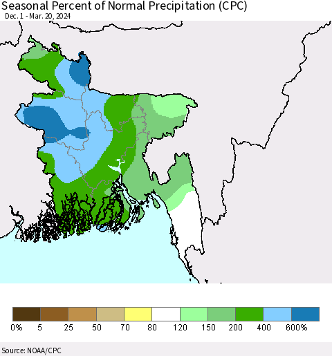 Bangladesh Seasonal Percent of Normal Precipitation (CPC) Thematic Map For 12/1/2023 - 3/20/2024