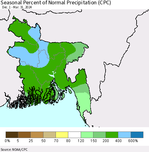 Bangladesh Seasonal Percent of Normal Precipitation (CPC) Thematic Map For 12/1/2023 - 3/31/2024
