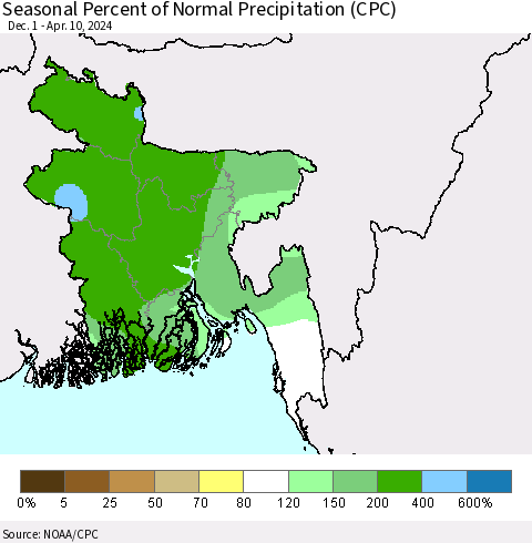 Bangladesh Seasonal Percent of Normal Precipitation (CPC) Thematic Map For 12/1/2023 - 4/10/2024