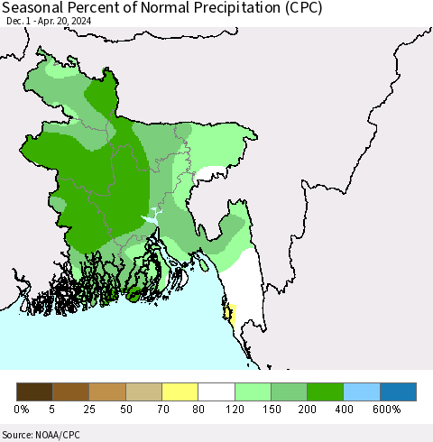 Bangladesh Seasonal Percent of Normal Precipitation (CPC) Thematic Map For 12/1/2023 - 4/20/2024