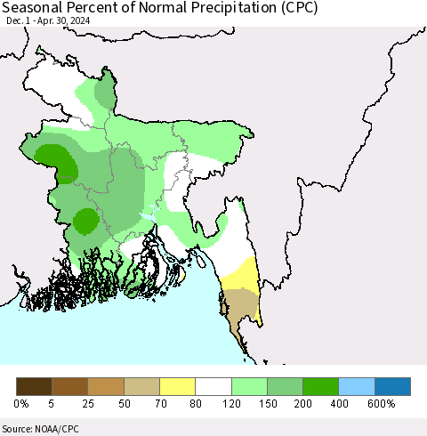 Bangladesh Seasonal Percent of Normal Precipitation (CPC) Thematic Map For 12/1/2023 - 4/30/2024