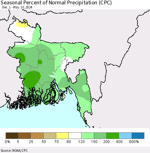 Bangladesh Seasonal Percent of Normal Precipitation (CPC) Thematic Map For 12/1/2023 - 5/10/2024