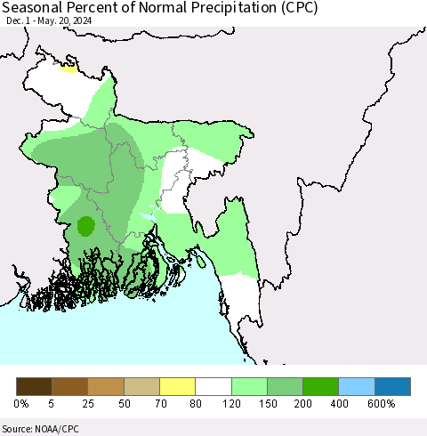 Bangladesh Seasonal Percent of Normal Precipitation (CPC) Thematic Map For 12/1/2023 - 5/20/2024
