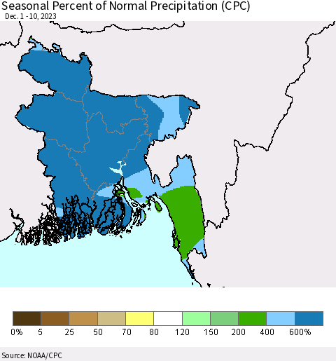 Bangladesh Seasonal Percent of Normal Precipitation (CPC) Thematic Map For 12/1/2023 - 12/10/2023