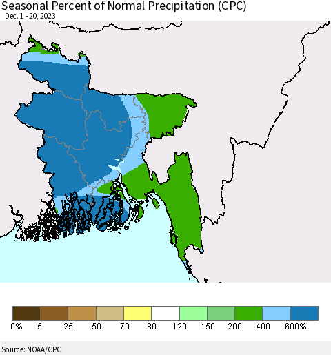 Bangladesh Seasonal Percent of Normal Precipitation (CPC) Thematic Map For 12/1/2023 - 12/20/2023