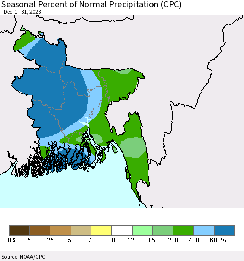 Bangladesh Seasonal Percent of Normal Precipitation (CPC) Thematic Map For 12/1/2023 - 12/31/2023
