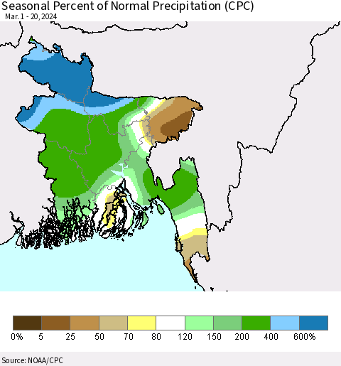 Bangladesh Seasonal Percent of Normal Precipitation (CPC) Thematic Map For 3/1/2024 - 3/20/2024