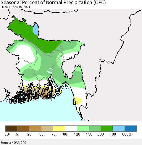 Bangladesh Seasonal Percent of Normal Precipitation (CPC) Thematic Map For 3/1/2024 - 4/10/2024