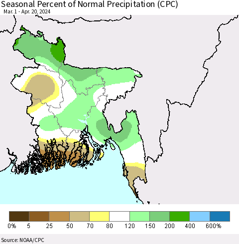 Bangladesh Seasonal Percent of Normal Precipitation (CPC) Thematic Map For 3/1/2024 - 4/20/2024