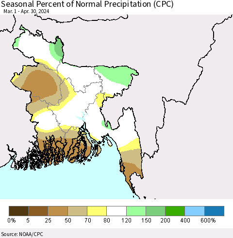 Bangladesh Seasonal Percent of Normal Precipitation (CPC) Thematic Map For 3/1/2024 - 4/30/2024