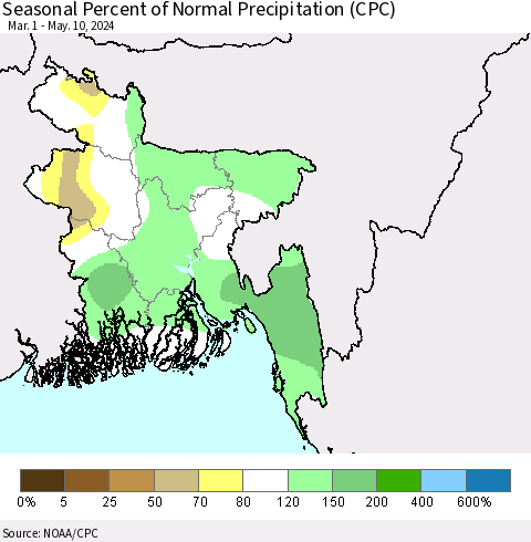 Bangladesh Seasonal Percent of Normal Precipitation (CPC) Thematic Map For 3/1/2024 - 5/10/2024