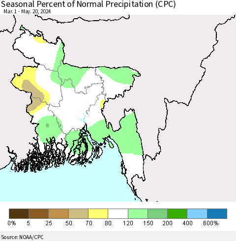 Bangladesh Seasonal Percent of Normal Precipitation (CPC) Thematic Map For 3/1/2024 - 5/20/2024