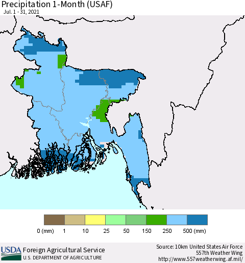 Bangladesh Precipitation 1-Month (USAF) Thematic Map For 7/1/2021 - 7/31/2021