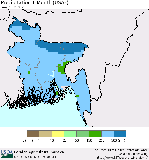 Bangladesh Precipitation 1-Month (USAF) Thematic Map For 8/1/2021 - 8/31/2021