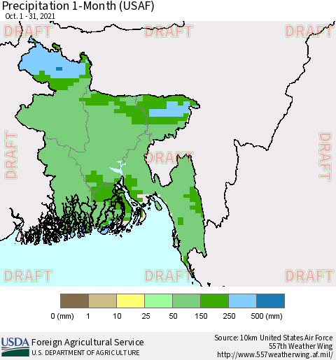 Bangladesh Precipitation 1-Month (USAF) Thematic Map For 10/1/2021 - 10/31/2021
