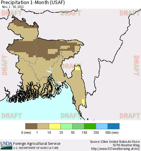 Bangladesh Precipitation 1-Month (USAF) Thematic Map For 11/1/2021 - 11/30/2021