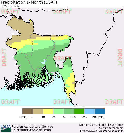 Bangladesh Precipitation 1-Month (USAF) Thematic Map For 12/1/2021 - 12/31/2021