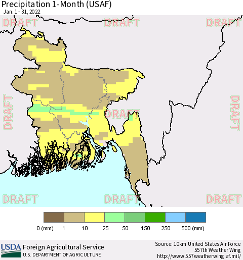 Bangladesh Precipitation 1-Month (USAF) Thematic Map For 1/1/2022 - 1/31/2022