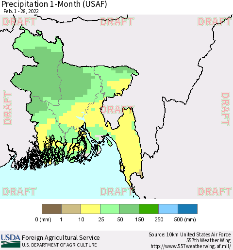 Bangladesh Precipitation 1-Month (USAF) Thematic Map For 2/1/2022 - 2/28/2022