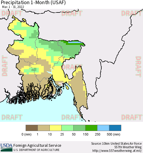 Bangladesh Precipitation 1-Month (USAF) Thematic Map For 3/1/2022 - 3/31/2022