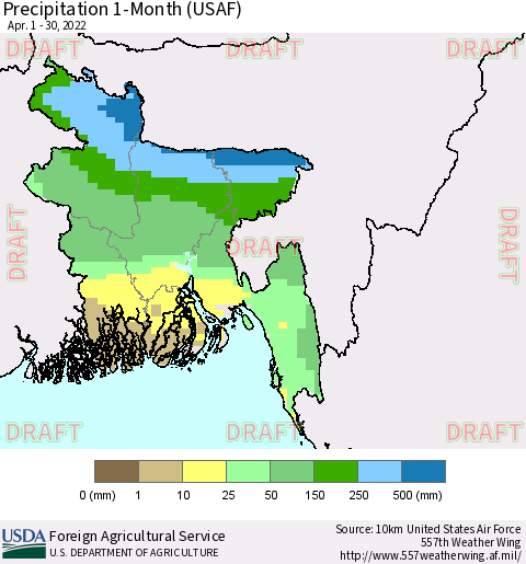 Bangladesh Precipitation 1-Month (USAF) Thematic Map For 4/1/2022 - 4/30/2022
