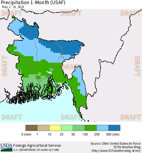 Bangladesh Precipitation 1-Month (USAF) Thematic Map For 5/1/2022 - 5/31/2022