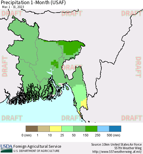 Bangladesh Precipitation 1-Month (USAF) Thematic Map For 3/1/2023 - 3/31/2023